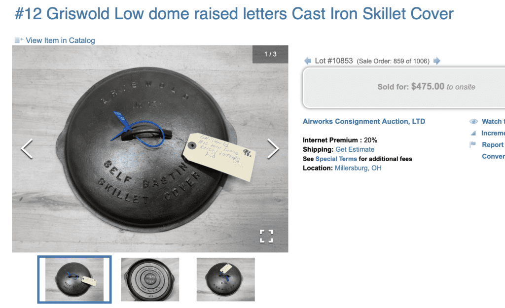 Griswold number 12 low dome cast iron fully-marked skillet cover lid, pattern number 472. Sold for $475. 